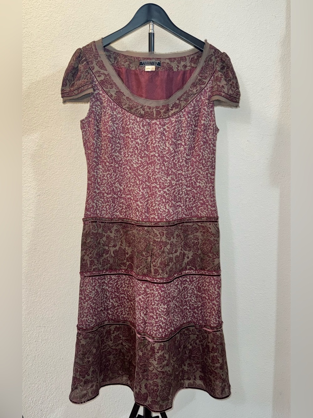 Peruvian Connection Burgundy Patterned Silk Midi Dress